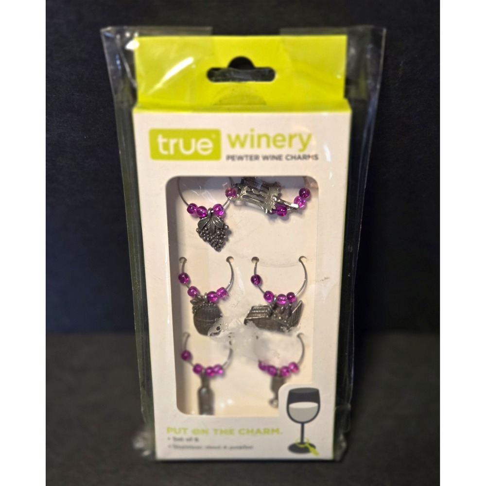 true Wine Glass Charms Set of 6, Pewter/Stainless Steel, Silver Purple Beads